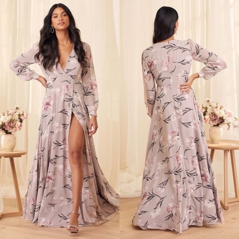 Lulus Floral Wrap Maxi Dressโ XS Chiffon V-Neck Long Sleeve Dusty Purple Formal